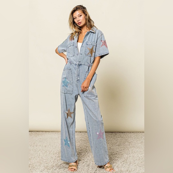 RHINESTONE STAR DENIM JUMPSUIT COVERALLS - Picture 4 of 6